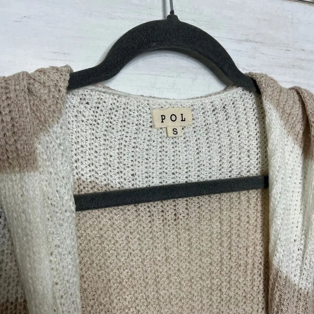 POL Tan Ivory Striped Long Knit Hooded Cardigan Sweater Open Front Size Small